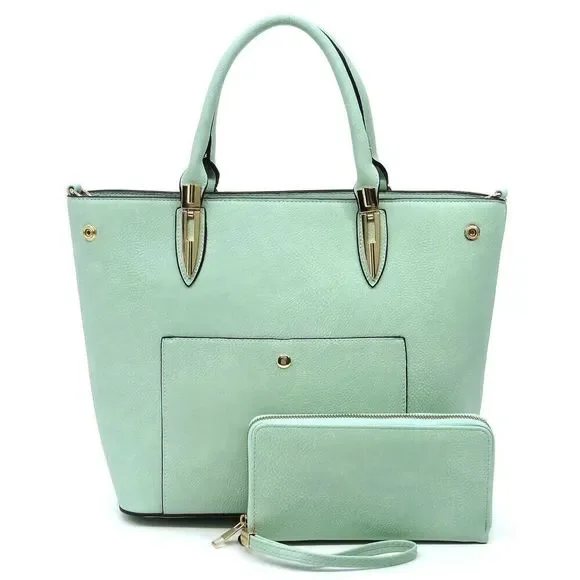 Women's Green Fashion Top Handle Satchel Work Tote Bags 2pcs Set - Picture 1 of 2